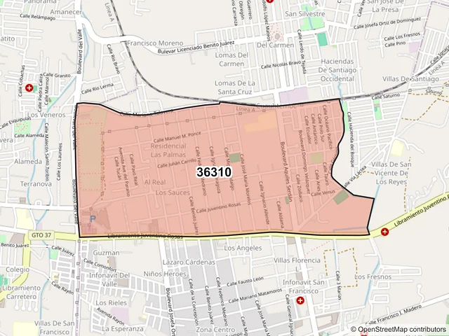 Mapa del código postal 36310, San Francisco del Rincón, Guanajuato
