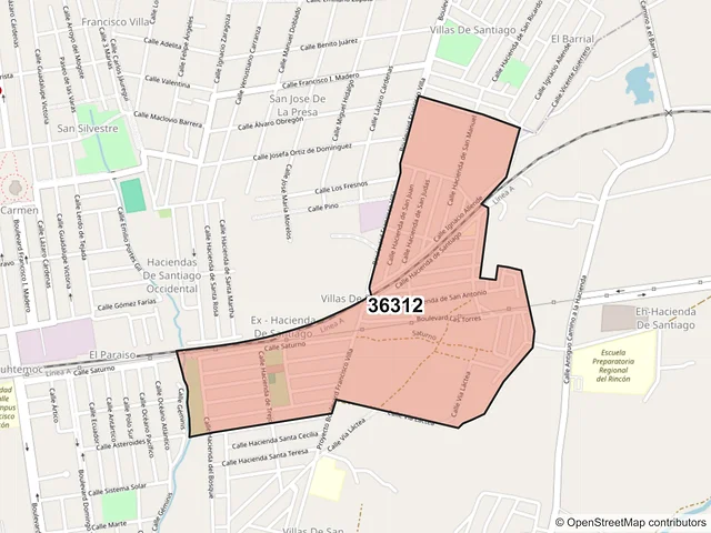 Mapa del código postal 36312, San Francisco del Rincón, Guanajuato