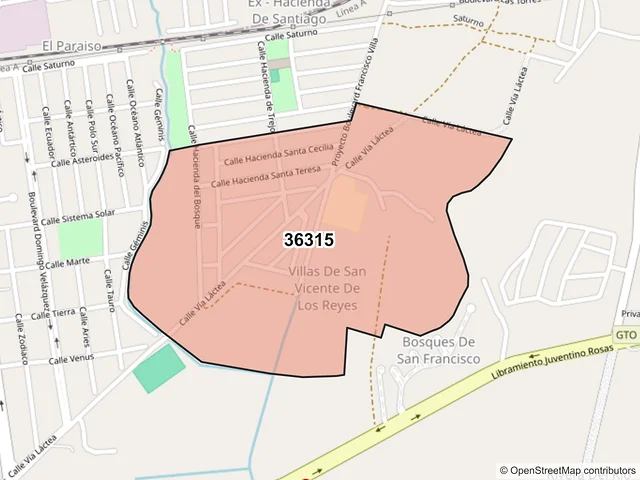 Mapa del código postal 36315, San Francisco del Rincón, Guanajuato