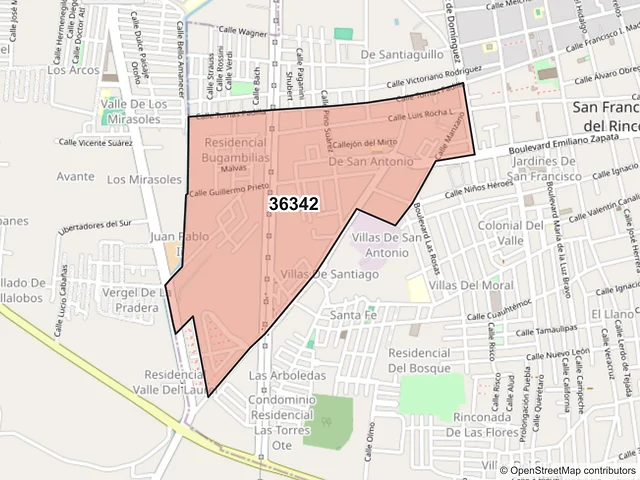 Mapa del código postal 36342, San Francisco del Rincón, Guanajuato