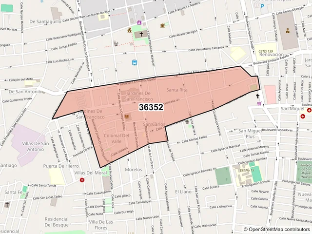 Mapa del código postal 36352, San Francisco del Rincón, Guanajuato