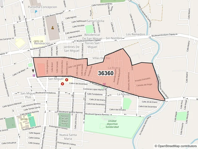 Mapa del código postal 36360, San Francisco del Rincón, Guanajuato