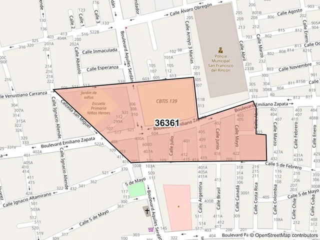 Mapa del código postal 36361, San Francisco del Rincón, Guanajuato