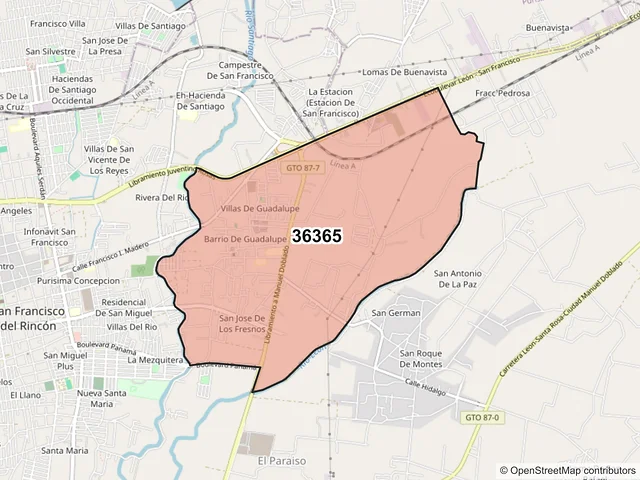 Mapa del código postal 36365, San Francisco del Rincón, Guanajuato