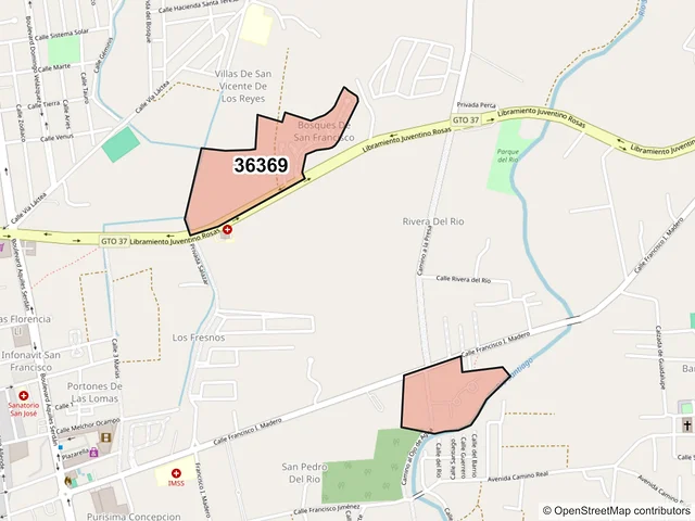 Mapa del código postal 36369, San Francisco del Rincón, Guanajuato