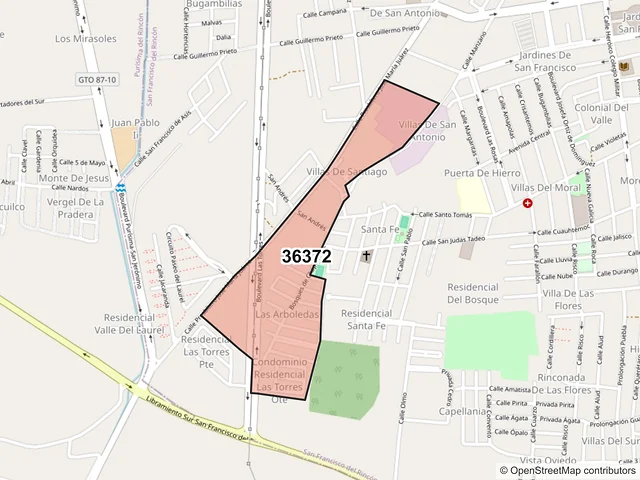 Mapa del código postal 36372, San Francisco del Rincón, Guanajuato