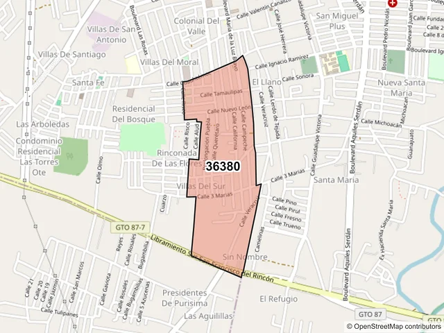 Mapa del código postal 36380, San Francisco del Rincón, Guanajuato
