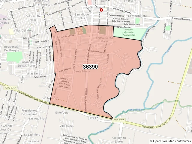 Mapa del código postal 36390, San Francisco del Rincón, Guanajuato