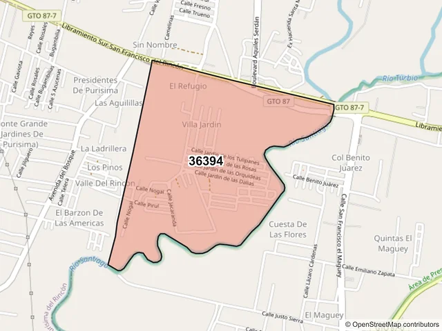Mapa del código postal 36394, San Francisco del Rincón, Guanajuato