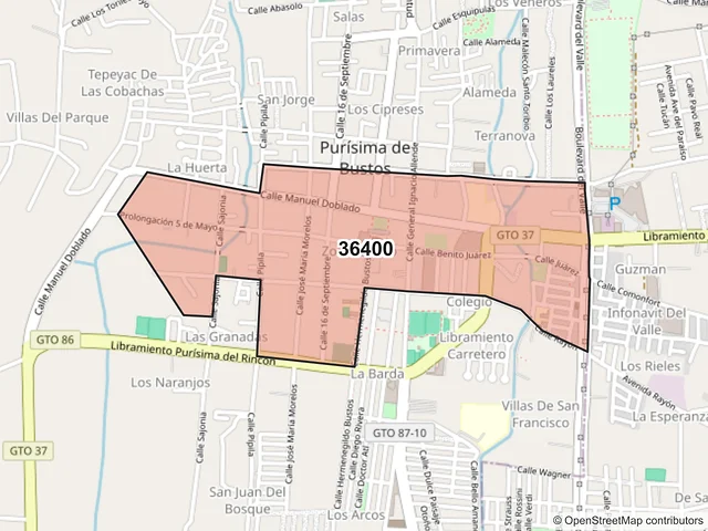 Mapa del código postal 36400, Purísima del Rincón, Guanajuato