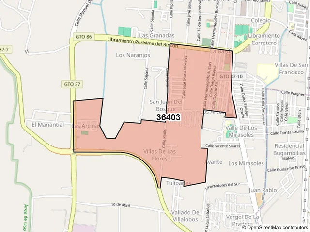 Mapa del código postal 36403, Purísima del Rincón, Guanajuato