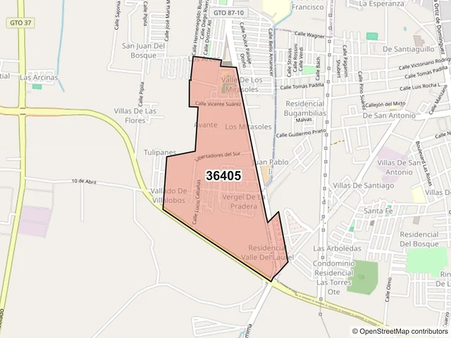Mapa del código postal 36405, Purísima del Rincón, Guanajuato