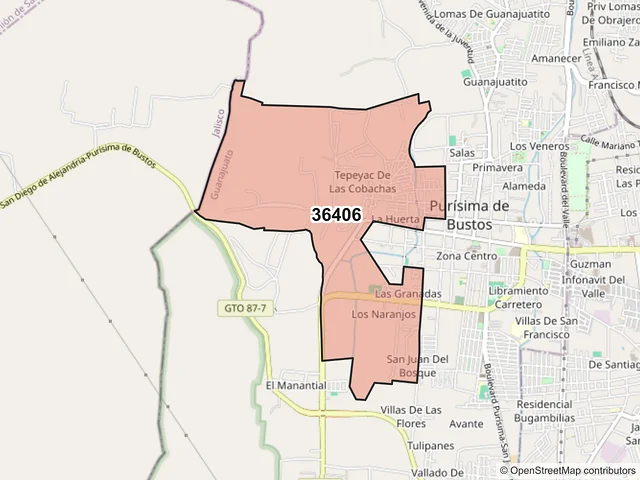 Mapa del código postal 36406, Purísima del Rincón, Guanajuato