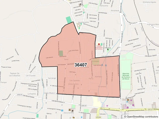 Mapa del código postal 36407, Purísima del Rincón, Guanajuato