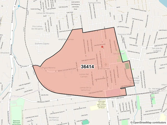 Mapa del código postal 36414, Purísima del Rincón, Guanajuato
