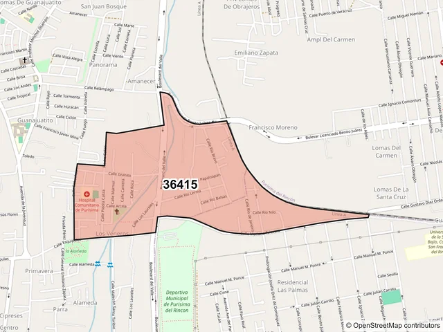 Mapa del código postal 36415, Purísima del Rincón, Guanajuato