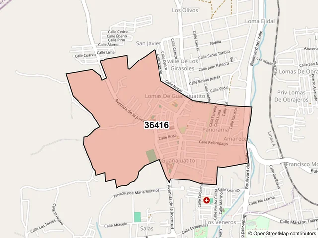 Mapa del código postal 36416, Purísima del Rincón, Guanajuato