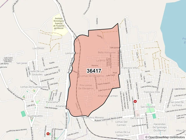 Mapa del código postal 36417, Purísima del Rincón, Guanajuato