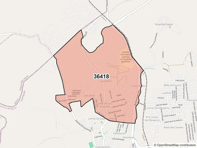Mapa del código postal 36418, Purísima del Rincón, Guanajuato