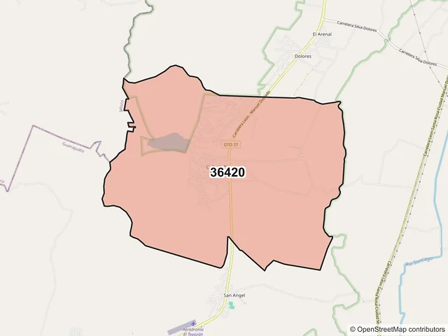 Mapa del código postal 36420, Purísima del Rincón, Guanajuato