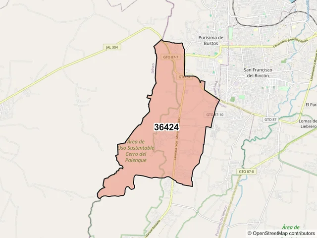 Mapa del código postal 36424, Purísima del Rincón, Guanajuato