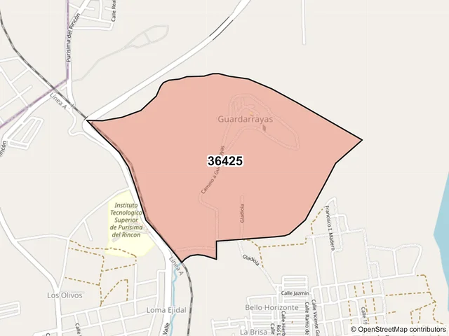 Mapa del código postal 36425, Purísima del Rincón, Guanajuato