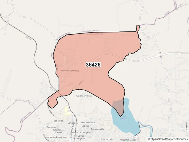 Mapa del código postal 36426, Purísima del Rincón, Guanajuato
