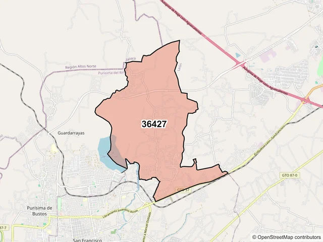 Mapa del código postal 36427, Purísima del Rincón, Guanajuato