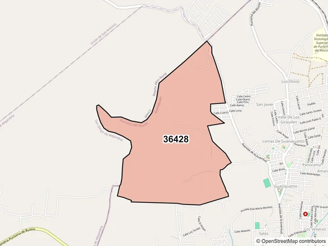 Mapa del código postal 36428, Purísima del Rincón, Guanajuato