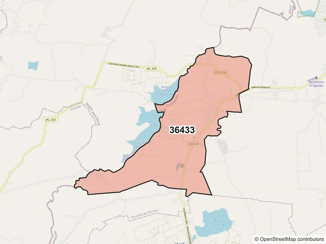 Mapa del código postal 36433, Purísima del Rincón, Guanajuato