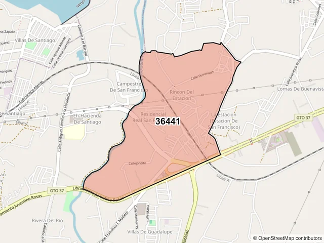 Mapa del código postal 36441, San Francisco del Rincón, Guanajuato