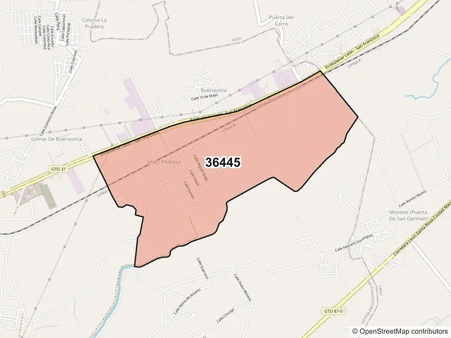 Mapa del código postal 36445, San Francisco del Rincón, Guanajuato