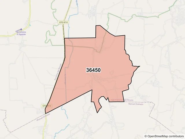 Mapa del código postal 36450, San Francisco del Rincón, Guanajuato