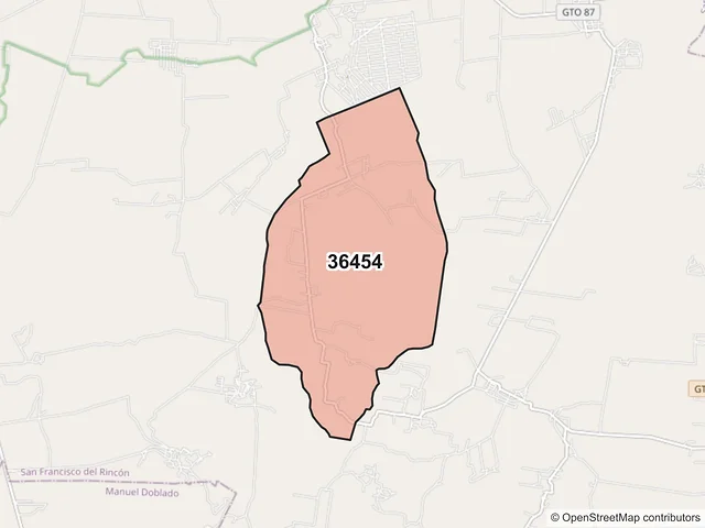 Mapa del código postal 36454, San Francisco del Rincón, Guanajuato