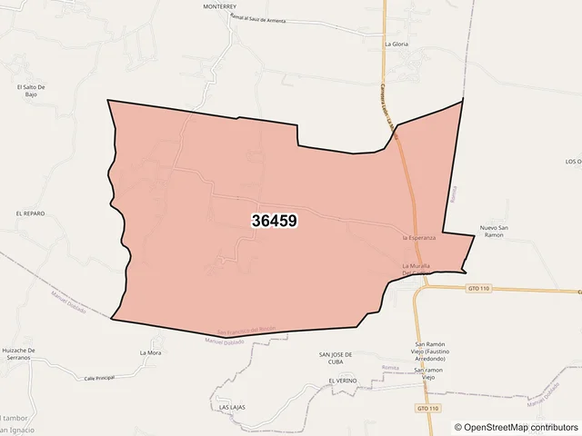 Mapa del código postal 36459, San Francisco del Rincón, Guanajuato