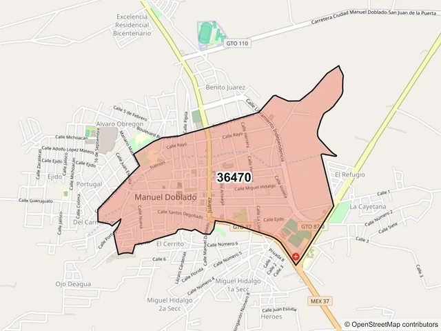 Mapa del código postal 36470, Manuel Doblado, Guanajuato