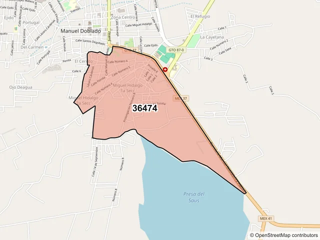 Mapa del código postal 36474, Manuel Doblado, Guanajuato