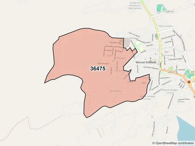 Mapa del código postal 36475, Manuel Doblado, Guanajuato