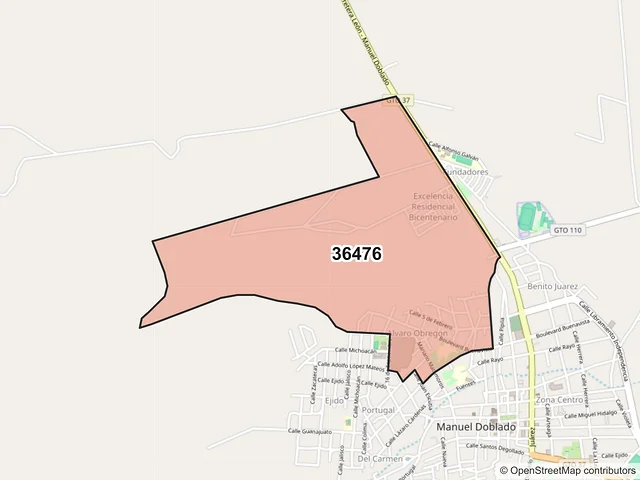 Mapa del código postal 36476, Manuel Doblado, Guanajuato