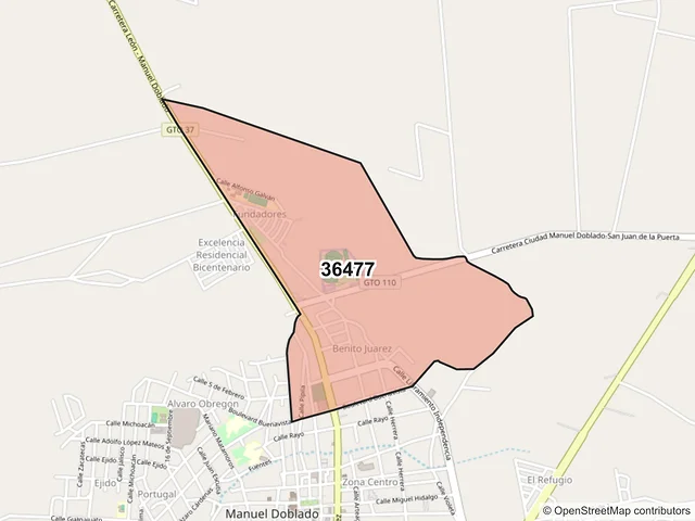 Mapa del código postal 36477, Manuel Doblado, Guanajuato