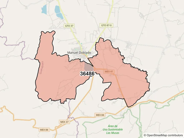 Mapa del código postal 36486, Manuel Doblado, Guanajuato