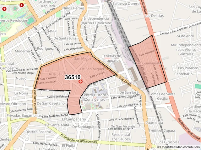 Mapa del código postal 36510, Irapuato, Guanajuato