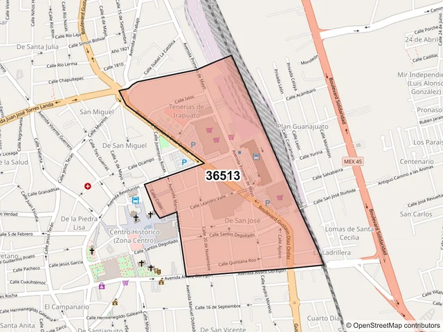 Mapa del código postal 36513, Irapuato, Guanajuato