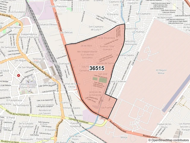 Mapa del código postal 36515, Irapuato, Guanajuato