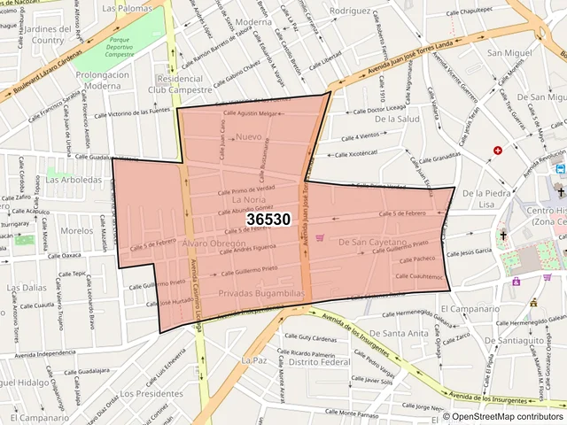 Mapa del código postal 36530, Irapuato, Guanajuato