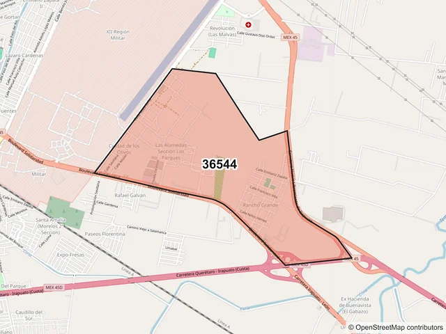 Mapa del código postal 36544, Irapuato, Guanajuato