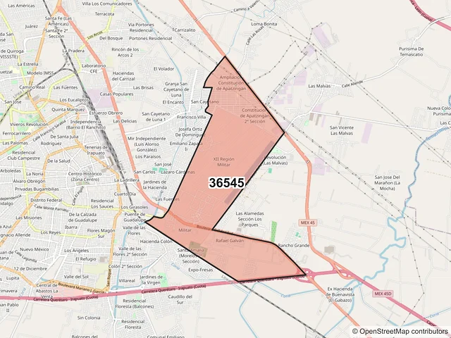Mapa del código postal 36545, Irapuato, Guanajuato