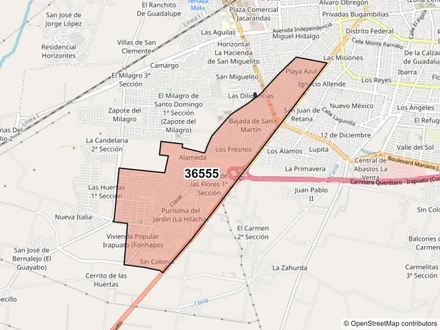 Mapa del código postal 36555, Irapuato, Guanajuato