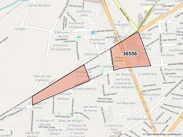 Mapa del código postal 36556, Irapuato, Guanajuato