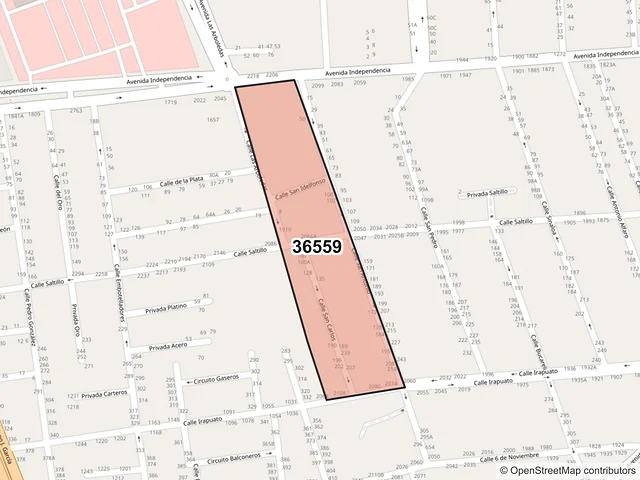 Mapa del código postal 36559, Irapuato, Guanajuato